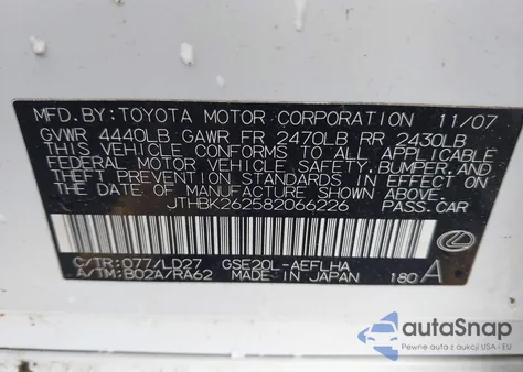 2008 Lexus Is 250 z USA, uszkodzony, nr VIN JTHBK262582066226